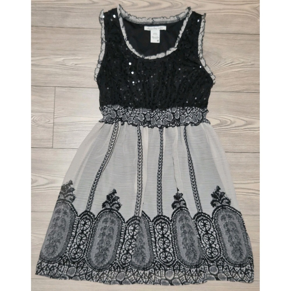 American Rag Cie Cute Gothic Sequined Dress Size Medium Black Gray Lacey